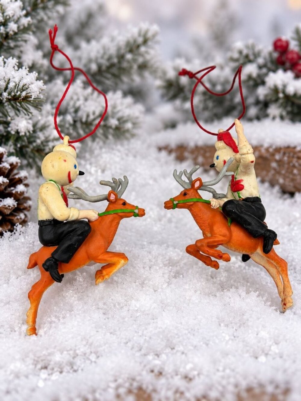 Vintage Christmas Figurine Ornaments Santa Claus Riding Reindeer 2 Holiday Decor